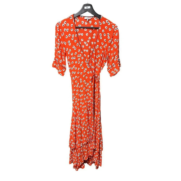 Ganni Crepe Floral Print Midi Wrap Dress in Coral Red Size 8 - Picture 2 of 10